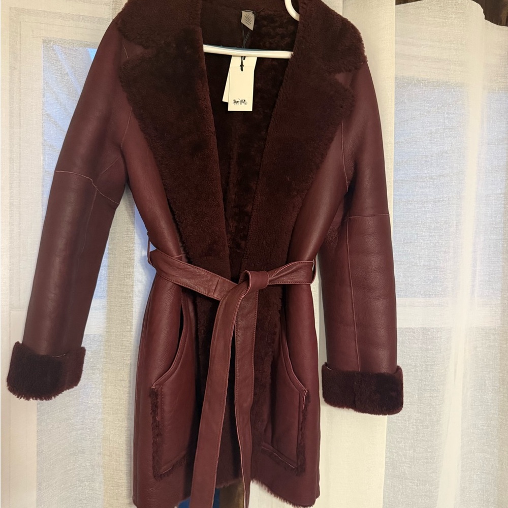Coach Deep Burgundy 100% Shearling Fur Coat - Size 10 NWT